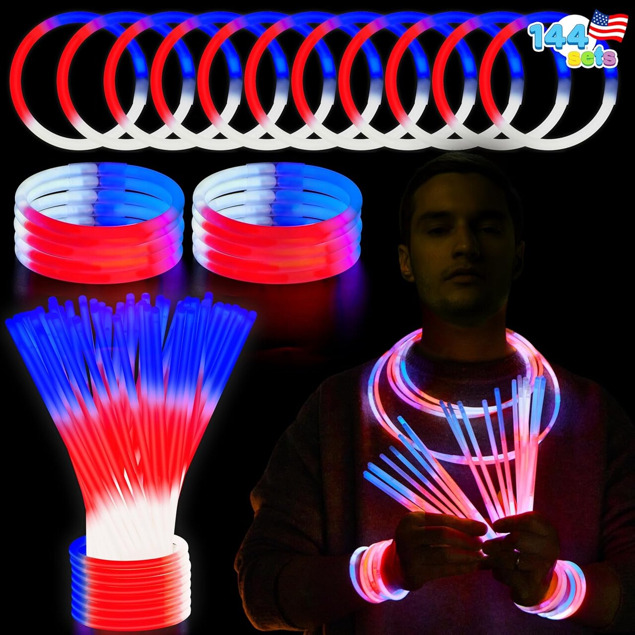 144 Pcs 4th of July Glow Sticks Bulk, Red White Blue 3 Colors in 1 Glow in the Dark Stick, Lightup Bracelet Necklace